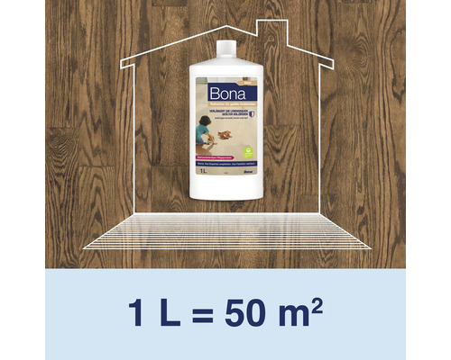 Bona Refresher für geölte Holzböden in der 1 Liter Flasche mit Angabe der Ergiebigkeit von 50 Quadratmetern.