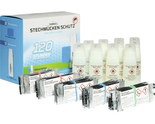 Thermacell Nachfüllpackung Mückenschutz mit 30 Wirkstoffplättchen und 10 Butangaspatronen für 120 Stunden Schutz gegen Stechmücken.
