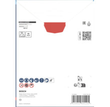 Rückseite einer Bosch Expert Trennscheibenverpackung mit Sicherheitsinformationen, technischen Daten und Piktogrammen für die Anwendung.