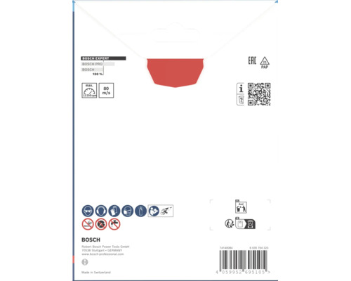 Rückseite einer Bosch Expert Trennscheibenverpackung mit Sicherheitsinformationen, technischen Daten und Piktogrammen für die Anwendung.