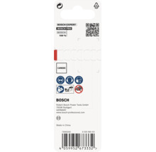 Rückseite der Verpackung für Bosch Expert Zubehör mit Sicherheitshinweisen, Carbide Kennzeichnung und Herstellerinformationen.