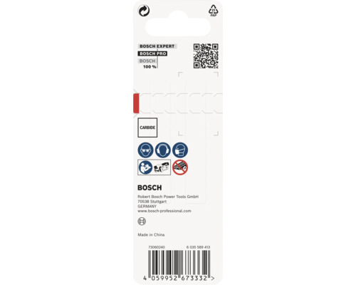 Rückseite der Verpackung für Bosch Expert Zubehör mit Sicherheitshinweisen, Carbide Kennzeichnung und Herstellerinformationen.
