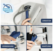 Montagewerkzeug QuickTool für Armaturen zur Befestigung, Verbindung und Wartung von Wasserhähnen im Waschbeckenbereich.
