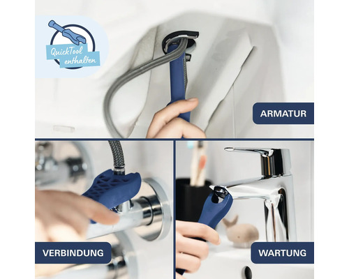 Montagewerkzeug QuickTool für Armaturen zur Befestigung, Verbindung und Wartung von Wasserhähnen im Waschbeckenbereich.
