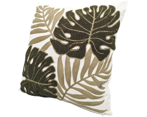 Quadratisches Zierkissen mit gesticktem Blättermotiv im Monstera- und Palmenstil als Wohndekoration.