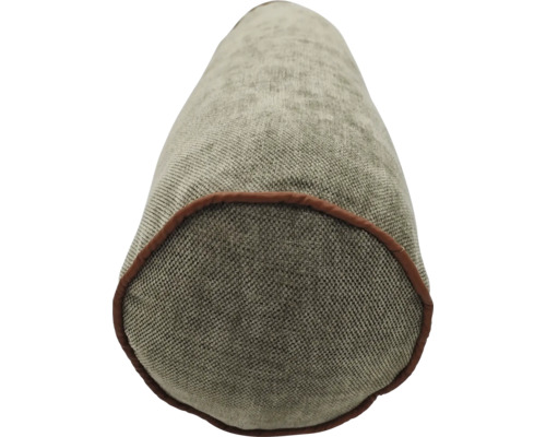 Rundes Kissen in Rollenform mit strukturiertem Textilbezug und kontrastierender Paspelierung an den Enden.