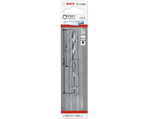 Bosch Impact Control HSS Metallbohrer mit 6,0 Millimeter Durchmesser und 1/4 Zoll Sechskantschaft in Blisterverpackung.
