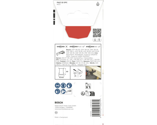 Bosch Tauchsägeblatt PAIZ 32 EPC aus HCS für Multi-Cutter mit Starlock Plus und Starlock Max Aufnahme zur Holzbearbeitung.
