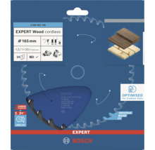 Bosch Expert Wood cordless Kreissägeblatt mit 165 Millimeter Durchmesser für Akku Handkreissägen in einer Verkaufsverpackung.