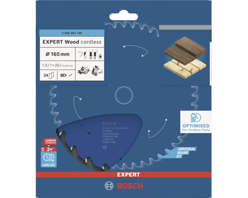 Bosch Expert Wood cordless Kreissägeblatt mit 165 Millimeter Durchmesser für Akku Handkreissägen in einer Verkaufsverpackung.