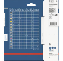 Rückseite der Bosch Expert Kreissägeblatt Verpackung mit Anwendungstabelle für verschiedene Materialien und technischen Daten.