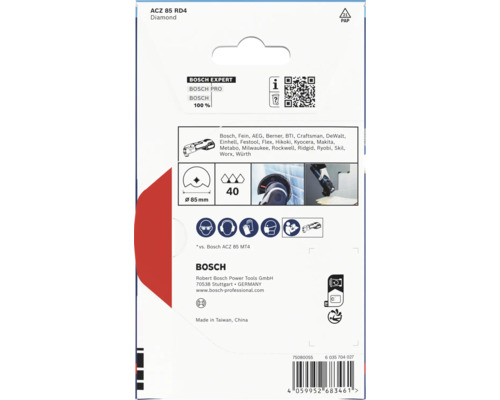 Rückseite der Verpackung für ein Bosch Expert ACZ 85 RD4 Diamant-Segmentsägeblatt für Multifunktionswerkzeuge mit Kompatibilitätsliste.