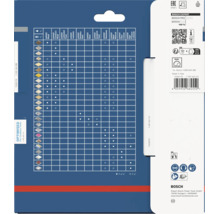 Rückseite der Produktverpackung eines Bosch Expert Sägeblatts mit Kompatibilitätstabelle und Anwendungshinweisen für verschiedene Materialien.