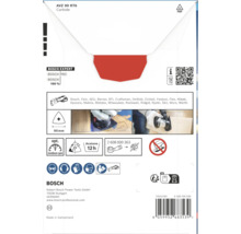 Rückseite der Produktverpackung für Bosch Expert AVZ 90 RT6 Carbide Deltaschleifplatte mit technischen Informationen und Anwendungshinweisen.
