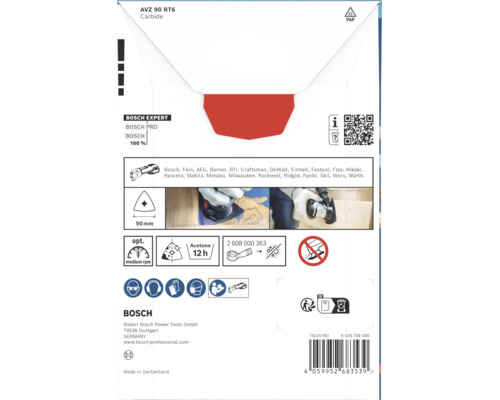 Rückseite der Produktverpackung für Bosch Expert AVZ 90 RT6 Carbide Deltaschleifplatte mit technischen Informationen und Anwendungshinweisen.