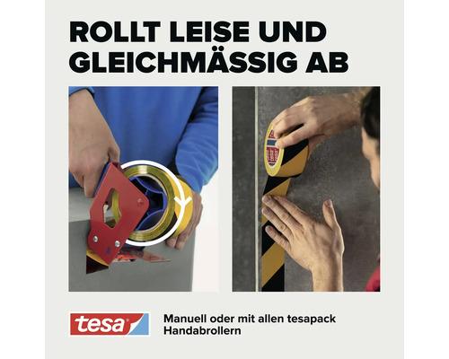 Tesa Warnklebeband wird mit einem Handabroller und von Hand auf eine Oberfläche aufgebracht.