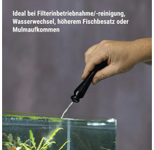 Hand eines Menschen, die einen Bakterienstarter in ein Aquarium dosiert, um die Wasserqualität bei Filterreinigung oder Besatz zu unterstützen.