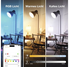 Drei Ansichten einer smarten Stehleuchte mit einstellbarer RGB Farbe sowie warmem und kaltem Weißlicht, gesteuert über eine Smartphone App.