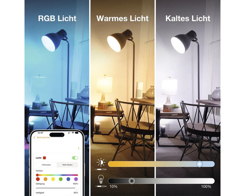 Drei Ansichten einer smarten Stehleuchte mit einstellbarer RGB Farbe sowie warmem und kaltem Weißlicht, gesteuert über eine Smartphone App.