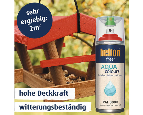 Belton Free Aqua Colours Sprühlack in Feuerrot RAL 3000 für witterungsbeständige Lackierungen an einem Vogelhaus mit zwei Quadratmeter Reichweite.