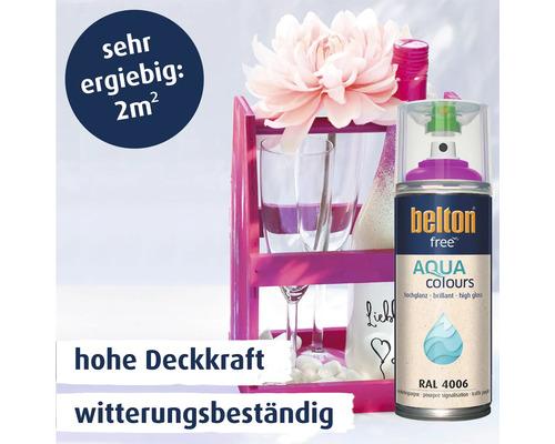 belton free Aqua Colours Lackspray in verkehrspurpur hochglanz für 2 Quadratmeter Reichweite mit hoher Deckkraft und Witterungsbeständigkeit