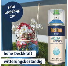 Belton Free Aqua Colours Sprühlack in Himmelblau mit hoher Deckkraft und Wetterbeständigkeit für zwei Quadratmeter Reichweite.