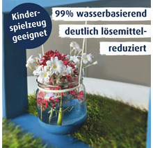 Ein Glas mit Blumen steht auf einer Rasenflaeche. Text informiert ueber Kinderspielzeugseignung, Wasserbasis und loesemittelreduzierte Rezeptur.
