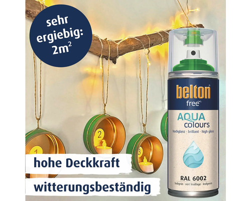Belton Free Aqua Colours Sprühlack in Laubgrün RAL 6002 mit hoher Deckkraft und Witterungsbeständigkeit für zwei Quadratmeter Ergiebigkeit