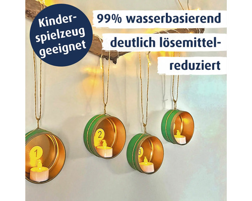 Hängende Dekoration aus Dosen mit Kerzen und Zahlen für Kinderzimmer, wasserbasiert und lösemittelreduziert.
