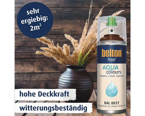 Belton Free Aqua Colours Lackspray in Schokoladenbraun fuer hohe Deckkraft und Witterungsbestaendigkeit mit zwei Quadratmeter Ergiebigkeit.