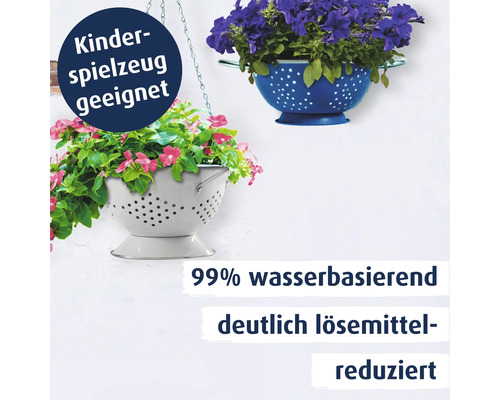 Zwei als Pflanzgefäße umfunktionierte Küchensiebe mit Blumen bepflanzt, mit Hinweisen zur Eignung für Kinderspielzeug und Wasserbasis des Lacks.