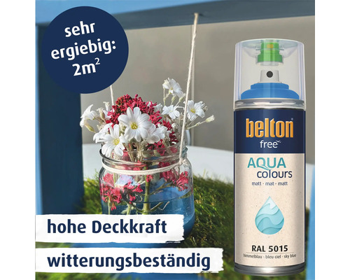Eine Sprühdose Belton Free Aqua Colours Lack in Himmelblau RAL 5015 mit hoher Deckkraft und Witterungsbeständigkeit für bis zu 2 Quadratmeter.