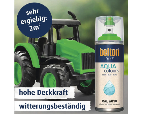 belton free Aqua Colours Sprühlack in Gelbgrün RAL 6018, matte Lackierung für 2 Quadratmeter Reichweite, witterungsbeständig mit hoher Deckkraft.