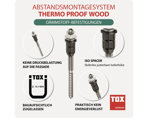 Abstandsmontagesystem Thermo Proof Wood von TOX für Dämmstoffbefestigungen mit stufenlos justierbarer Isolierhülse für druckfreie Fassadenmontage.