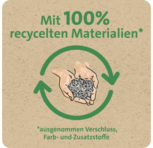 Symbol für Nachhaltigkeit mit dem Hinweis auf einhundert Prozent recycelte Materialien, ausgenommen Verschluss, Farb- und Zusatzstoffe.