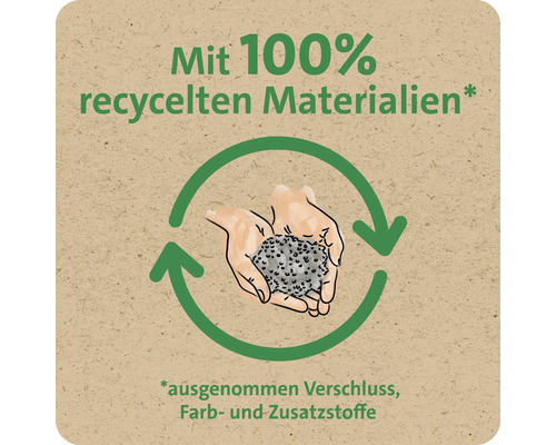Symbol für Nachhaltigkeit mit dem Hinweis auf einhundert Prozent recycelte Materialien, ausgenommen Verschluss, Farb- und Zusatzstoffe.