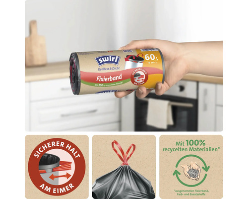 Eine Hand hält eine Rolle Swirl Müllbeutel mit Fixierband für 60 Liter Abfalleimer, hergestellt aus recycelten Materialien.