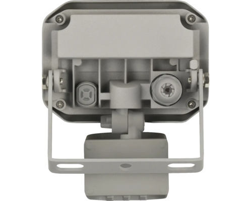 Rueckseite eines LED Strahlers mit Bewegungsmelder und Montagebuegel aus Metall zur Wandmontage