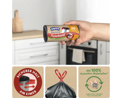 Swirl Müllbeutel Rolle mit Fixierband für 20 Liter Eimer aus recyceltem Kunststoff mit Zugband für sicheren Halt im Mülleimer.