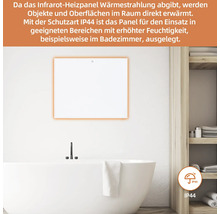 Rechteckiges Infrarotheizpaneel mit Schutzart IP44 für den Einsatz im Badezimmer, montiert an einer Wand über einer Badewanne.