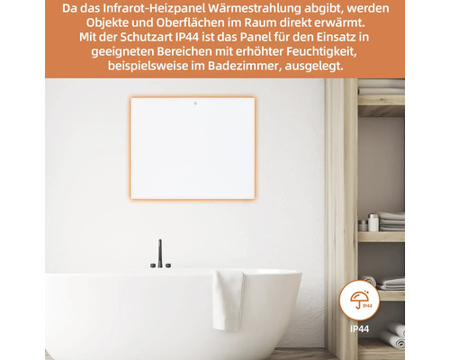 Rechteckiges Infrarotheizpaneel mit Schutzart IP44 für den Einsatz im Badezimmer, montiert an einer Wand über einer Badewanne.