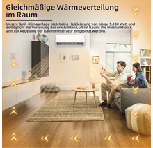 Split Klimaanlage an einer Wohnzimmerwand verteilt gleichmäßig Wärme, dargestellt durch grafische Pfeile für Luftstrom in einem gemütlichen Raum.
