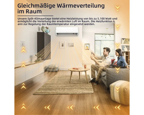 Split Klimaanlage an einer Wohnzimmerwand verteilt gleichmäßig Wärme, dargestellt durch grafische Pfeile für Luftstrom in einem gemütlichen Raum.