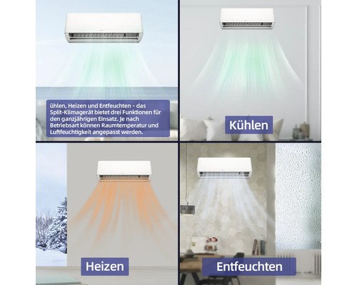 Vierteiliges Bild zeigt die Funktionen eines Split-Klimageräts: Kühlen, Heizen und Entfeuchten für ein optimales Raumklima das ganze Jahr über.