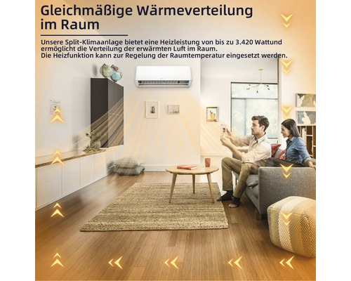 Split Klimaanlage mit Heizfunktion zur gleichmäßigen Wärmeverteilung im Wohnraum mit steuerbarem Raumklima.