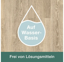 Symbol für ein wasserbasiertes Produkt, das frei von Lösungsmitteln ist, vor einem Holzhintergrund.