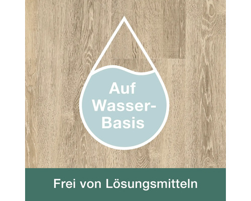 Symbol für ein wasserbasiertes Produkt, das frei von Lösungsmitteln ist, vor einem Holzhintergrund.