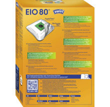 Verpackung von Swirl Staubsaugerbeuteln EIO 80 mit Produktinformationen zur Filterleistung und Kompatibilitätsliste mit QR Code Finder.