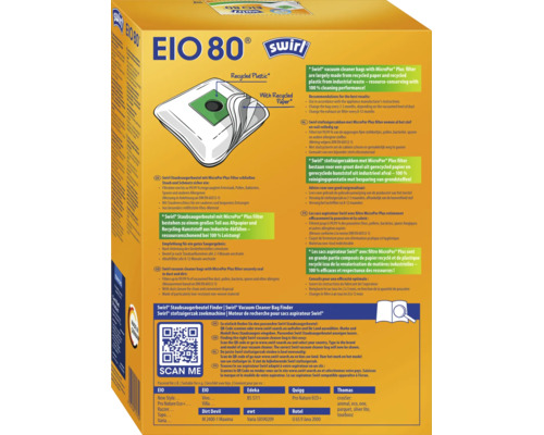 Verpackung von Swirl Staubsaugerbeuteln EIO 80 mit Produktinformationen zur Filterleistung und Kompatibilitätsliste mit QR Code Finder.