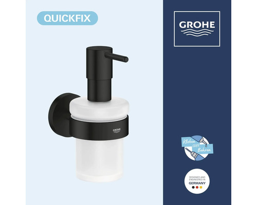 Grohe QuickFix Seifenspender zur Wandmontage mit mattem Finish und Glasbehälter, geeignet zum Kleben oder Bohren.